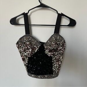 Zara Embellished Sequin Bustier Crop Top - Black & Silver